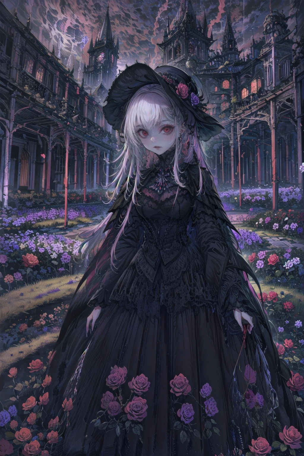 ネオゴススタイルのgirl, Wearing a black dress and a white collar, Wearing a black hat、wearing heavy makeup, Standing in a mystical garden surrounded by vines. The garden is full of deep purple flowers.、Gothic architecture in the background。. girl&#39;My hair is black、Her hair is in long braids.、A red rose is pinned to the side。. Her eyes are sharp、It&#39;Like being stabbed., Thick black eyeliner and long lashes. She has a pale complexion.、Her lips are bright red.. The atmosphere is gloomy and eerie, with dim lighting casting long shadows. This piece combines digital illustration and photography.., the result、The result is an incredibly high-resolution image. Most of the colors are dark、I&#39;Calm, Deep reds and purples create a dark beauty.. The overall style of the image is neo-Gothic., Horror, Portrait Photography, Create a unique and compelling visual experience.Dark Imagery
