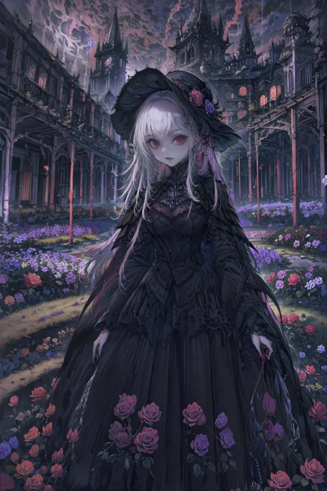 ネオゴススタイルのgirl, wearing a black dress and a white collar, wearing a black hat、wearing heavy makeup, standing in a mystical garden...