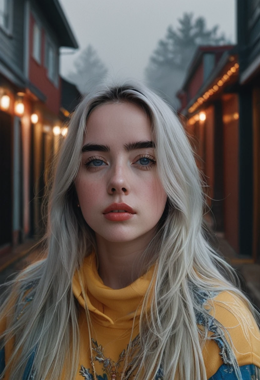 billieeilish, Long Hair, Modern photography, (wearing large Edge PO pullover, Edge PO), (Wearing leggings), (Cowboy Shot), (35mm, debt/2.8) Photo debtocus, DOdebt, Aperture, Highly detailed and exquisite, character, Hypermaximalist, beautiful, reveal, Charm, Charm, Affectionate, Ultra-realistic, Very detailed, beautiful girl, ((Detailed eyes)), Long eyelashes, (Glossy Lips), Standing on a narrow road, Fog in the background, night, Cloudy, alone