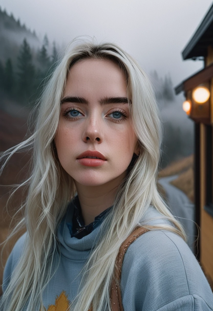 billieeilish, Long Hair, Modern photography, (wearing large Edge PO pullover, Edge PO), (Wearing leggings), (Cowboy Shot), (35mm, debt/2.8) Photo debtocus, DOdebt, Aperture, Highly detailed and exquisite, character, Hypermaximalist, beautiful, reveal, Charm, Charm, Affectionate, Ultra-realistic, Very detailed, beautiful girl, ((Detailed eyes)), Long eyelashes, (Glossy Lips), Standing on a narrow road, Fog in the background, night, Cloudy, alone