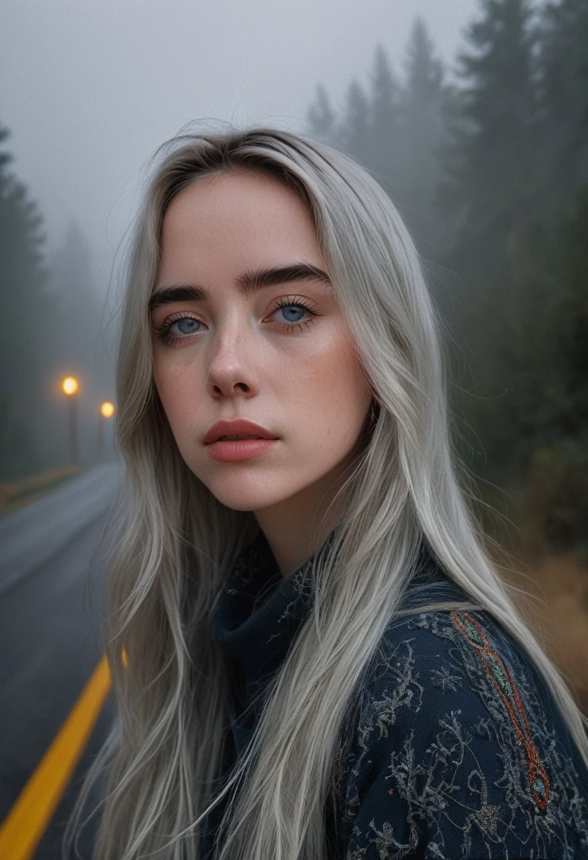 billieeilish, Long Hair, Modern photography, (wearing large Edge PO pullover, Edge PO), (Wearing leggings), (Cowboy Shot), (35mm, debt/2.8) Photo debtocus, DOdebt, Aperture, Highly detailed and exquisite, character, Hypermaximalist, beautiful, reveal, Charm, Charm, Affectionate, Ultra-realistic, Very detailed, beautiful girl, ((Detailed eyes)), Long eyelashes, (Glossy Lips), Standing on a narrow dark road, Fog in the background, night, Cloudy, alone、sad、Hopeless