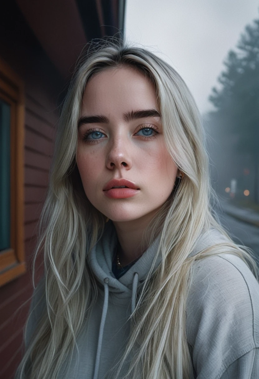 billieeilish, Long Hair, Modern photography, (wearing large Edge PO pullover, Edge PO), (Wearing leggings), (Cowboy Shot), (35mm, debt/2.8) Photo debtocus, DOdebt, Aperture, Highly detailed and exquisite, character, Hypermaximalist, beautiful, reveal, Charm, Charm, Affectionate, Ultra-realistic, Very detailed, beautiful girl, ((Detailed eyes)), Long eyelashes, (Glossy Lips), Standing on a narrow dark road, Fog in the background, night, Cloudy, alone、sad、Hopeless