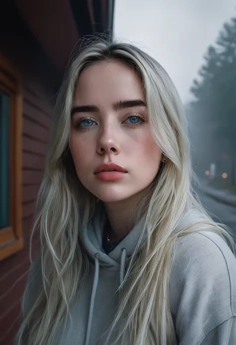 billieeilish, long hair, modern photography, (wearing large edge po pullover, edge po), (wearing leggings), (cowboy shot), (35mm...