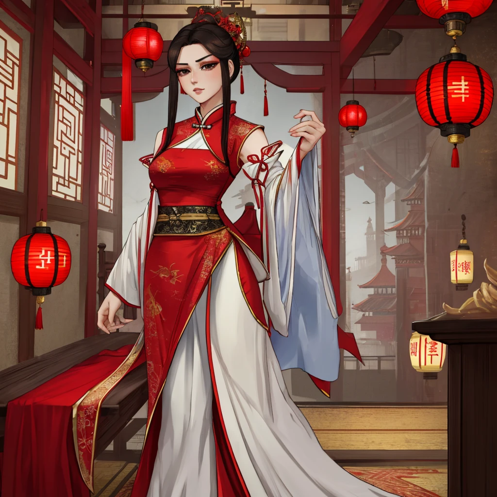 8K, Masterpiece Best Quality, woman, man, (Soft shape), Perfect face, Hanfu, Sexy, charming, Thin fabric Chinese dress, tower, red lantern tower,