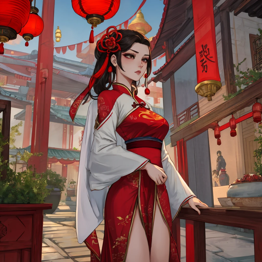 8K, Masterpiece Best Quality, woman, man, (Soft shape), Perfect face, Hanfu, Sexy, charming, Thin fabric Chinese dress, tower, red lantern tower,