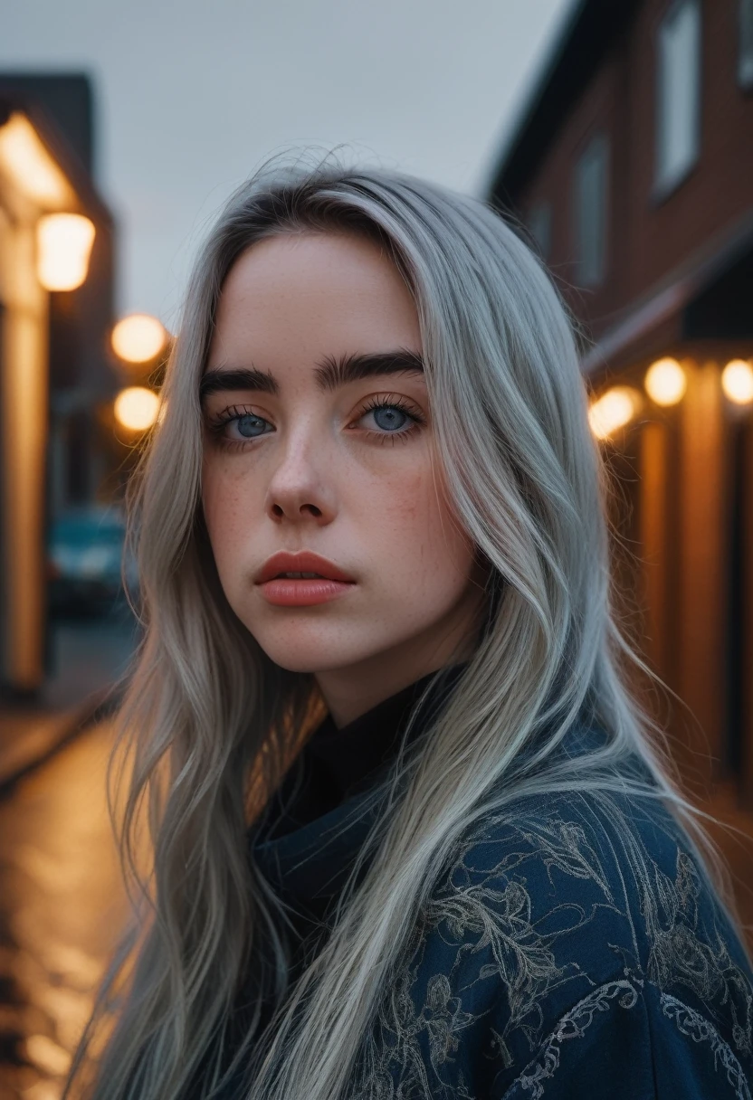 billieeilish, Long Hair, Modern photography, (wearing large Edge PO pullover, Edge PO), (Wearing leggings), (Cowboy Shot), (35mm, debt/2.8) Photo debtocus, DOdebt, Aperture, Highly detailed and exquisite, character, Hypermaximalist, beautiful, reveal, Charm, Charm, Affectionate, Ultra-realistic, Very detailed, beautiful girl, ((Detailed eyes)), Long eyelashes, (Glossy Lips), Standing on a narrow dark road, Fog in the background, night, Cloudy, alone、sad、Hopeless、Dark background、((Dark roads））、Broken street lamp