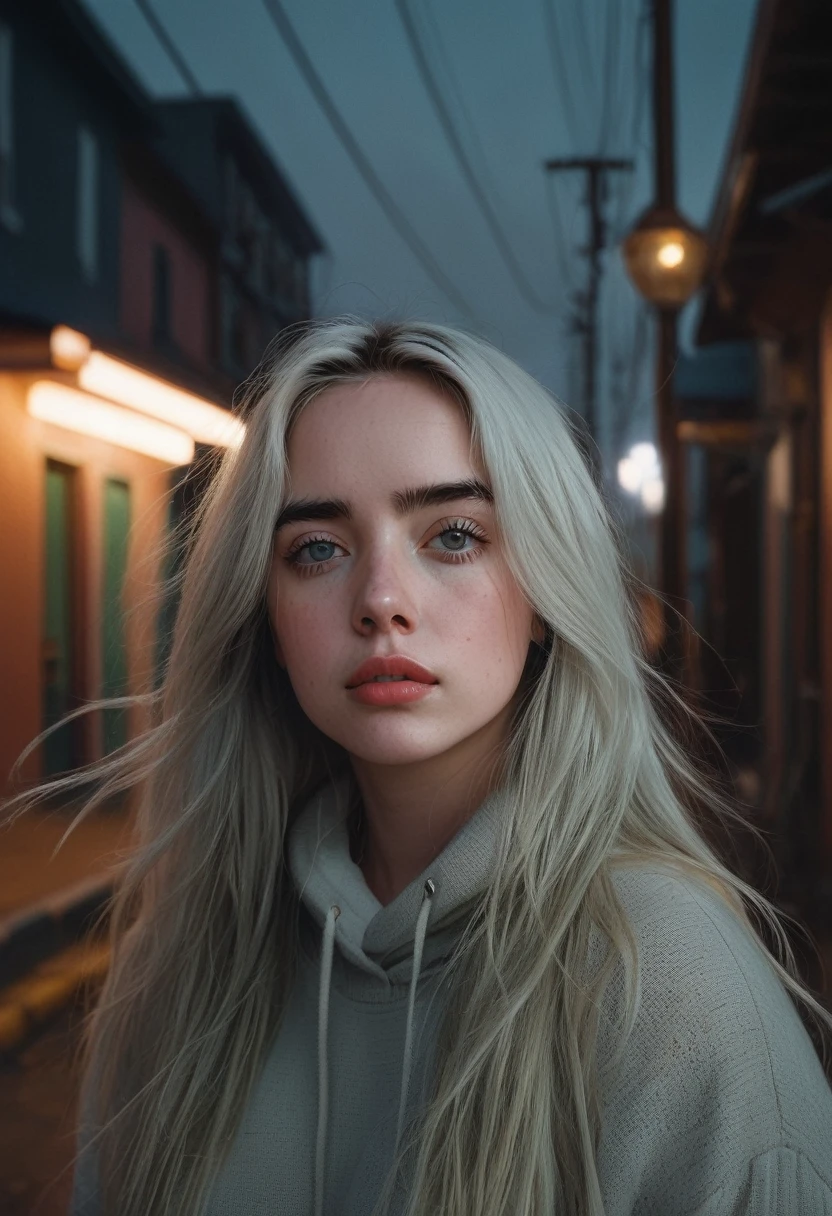 billieeilish, Long Hair, Modern photography, (wearing large Edge PO pullover, Edge PO), (Wearing leggings), (Cowboy Shot), (35mm, debt/2.8) Photo debtocus, DOdebt, Aperture, Highly detailed and exquisite, character, Hypermaximalist, beautiful, reveal, Charm, Charm, Affectionate, Ultra-realistic, Very detailed, beautiful girl, ((Detailed eyes)), Long eyelashes, (Glossy Lips), Standing on a narrow dark road, Fog in the background, night, Cloudy, alone、sad、Hopeless、Dark background、((Dark roads））、Broken street lamp