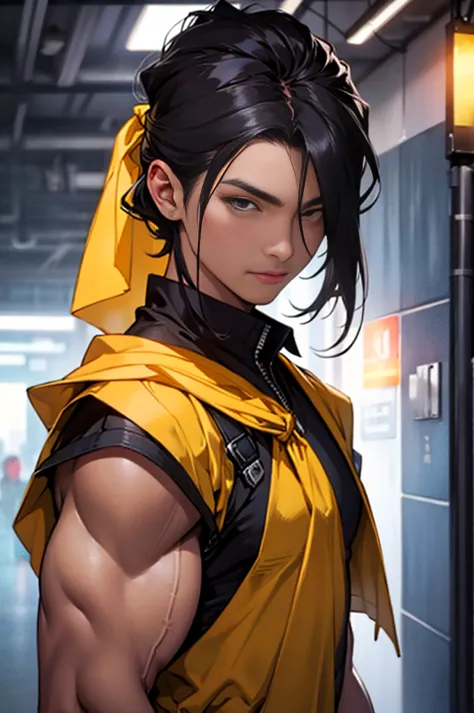 a photo of a black-haired man staring at the camera、(((yellow bandana on head))),(((muscular man)))、(very detailed cg ユニティ 8k 壁紙...