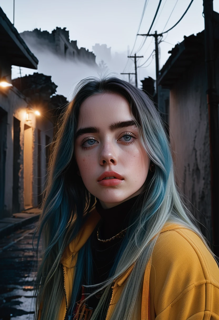 billieeilish, Long Hair, Modern photography, (wearing large Edge PO pullover, Edge PO), (Wearing leggings), (Cowboy Shot), (35mm, debt/2.8) Photo debtocus, DOdebt, Aperture, Highly detailed and exquisite, character, Hypermaximalist, beautiful, reveal, Charm, Charm, Affectionate, Ultra-realistic, Very detailed, beautiful girl, ((Detailed eyes)), Long eyelashes, (Glossy Lips), Standing on a narrow dark road, Fog in the background, Pitch Black Night, Cloudy, alone、sad、Hopeless、Dark background、((Dark roads））、Broken street lamp、Really dark background、In the ruins