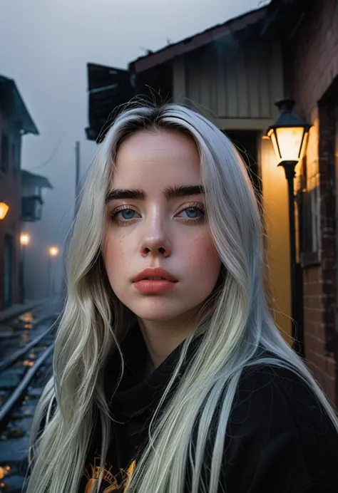 billieeilish, long hair, modern photography, (wearing large edge po pullover, edge po), (wearing leggings), (cowboy shot), (35mm...