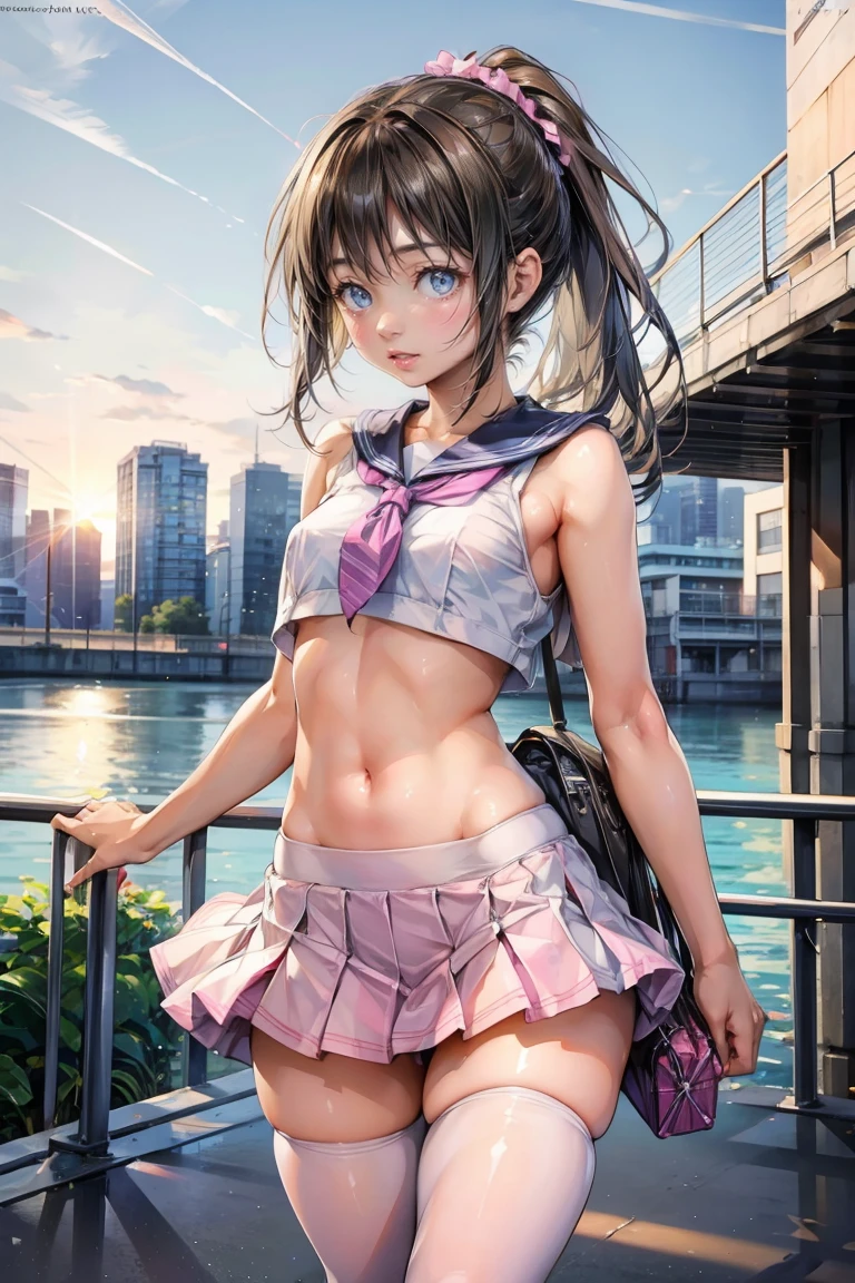 Beautiful nipple stand、1 girl, ( Looks very young:1.2) , (Flat Chest:1.2), High school girl sailor costume Looks very young.... ,, {{cute:1.3}}, trembling:1.3}3, , Black Hair, ponytail,  sun、 Brown eyes, noon,, Looking at the audience, Angry face with open mouth,sun, , Long Hair, belly button, Scrunchie, bangs, Expose your shoulders,Dynamic leg spread pose:1.2, I have a bag:1.2,学校のarchitecture, Near the sky, architecture, Side Lock, ヘアScrunchie, Outdoor, Sky Porn,Ezvian everywhere:1.3, (She is still a 10-year-old girl.............、Beautiful slender body、 )、 (A gal showing off her flashy pink pants in a miniskirt),(Small breasts, Small breasts, Tight waist)、High school girl sailor costume、Best Smile 2.0