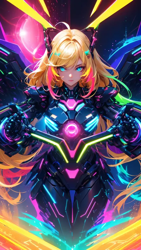 a woman wearing neon-colored clothing with glowing body and head, neon armor, psychedelic organic cyborg, neon cyberpunk, tron, ...