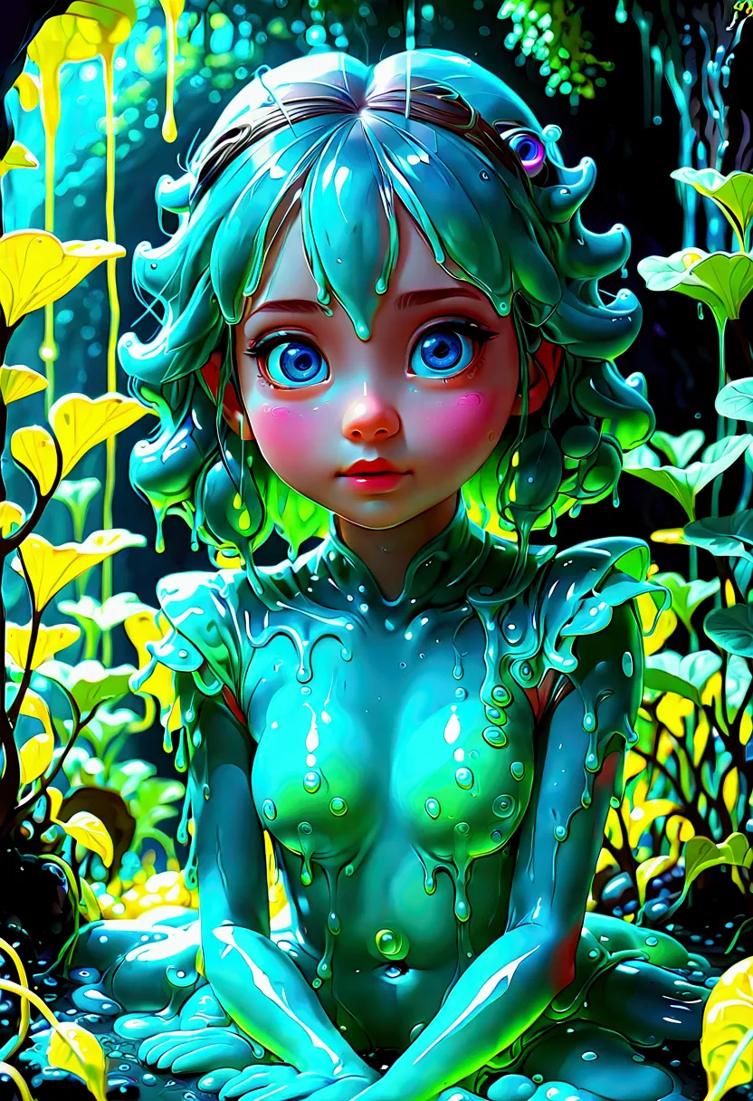 slime girl, slimegirlsupremacy, slimegirlsfw, a slime creature, detailed slimy texture, gooey and viscous appearance, (cute eyes...