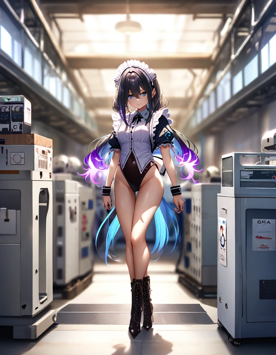 12k, masterpiece, best quality, very aesthetic, absurdres, anime artwork, anime style, key visual, vibrant, studio anime, highly detailed highly detailed, volumetric, dramatic lighting,(Maid leotard details:2.0),(1 girl:1.2),,Long Hair:1.5, (Short sleeve, Thighs,Maid Cufflinks),,(High heel lace-up boots:1.4), (Without skirt:3.0),Dark aura,Leotrad,,Audience Recruitment,(at a research facility:1.2),(whole body:1.4),looking at viewer, standing