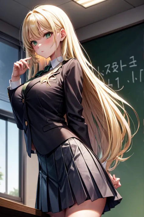 blonde hair, green eyes, black tie, serious, classroom, blue skirt, white blouse, blue school blazer, wide hips, busty,