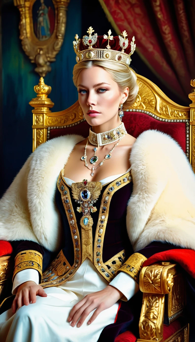 (in style of Ashley Wood:0.9),Catherine II，Tsarist style，Female emperor, elegant posture, regal outfit, powerful and confident expression, beautiful detailed eyes, beautiful detailed lips, intricate crown, luxurious throne, historical setting, oil painting style, realistic, vibrant colors, dramatic lighting, masterpiece:1.2