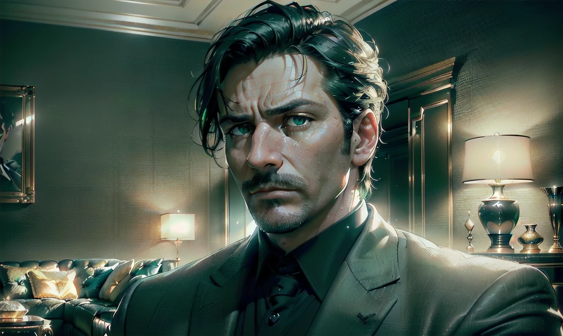 "((highly detailed, detailed eyes, detailed face, clear and realistic facial features, photorealistic, realistic light; cinematic)), (1 man), ((((classy living room background)))), (((sophisticated gorgeous middle-aged man father))), ((((intense brooding expression)))), ((dominant air)), (((green eyes))), (black hair), (((wearing a casual suit))."