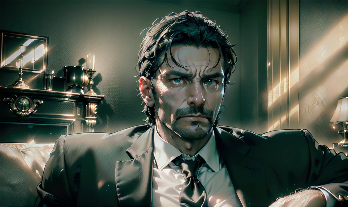 "((highly detailed, detailed eyes, detailed face, clear and realistic facial features, photorealistic, realistic light; cinematic)), (1 man), ((((classy living room background)))), (((sophisticated gorgeous middle-aged man father))), ((((intense brooding expression)))), ((dominant air)), (((green eyes))), (black hair), (((wearing a casual suit))."