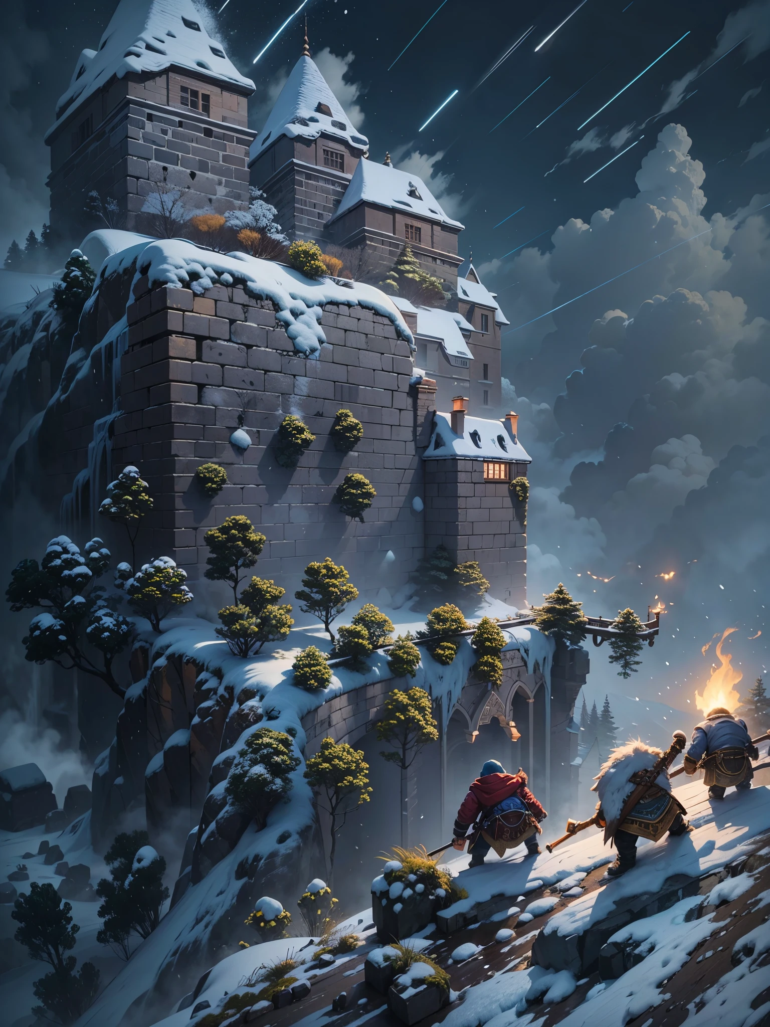 masterpiece, seen from the top of a wall, it is a cold night and it is snowing, below the wall you can see a group of trolls and giants attacking the wall, they come out of a thick forest 