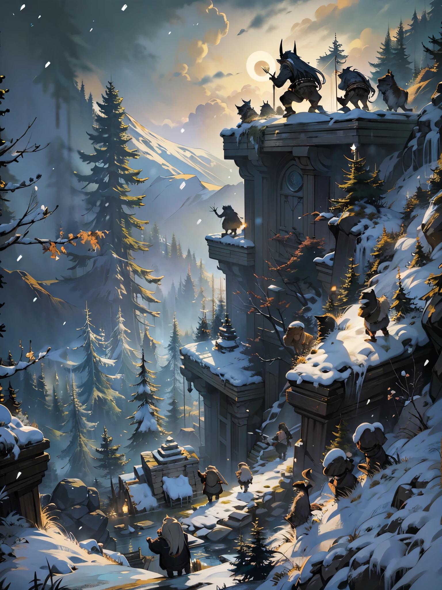 masterpiece, seen from the top of a wall, it is a cold night and it is snowing, below the wall you can see a group of trolls and giants attacking the wall, they come out of a thick forest 