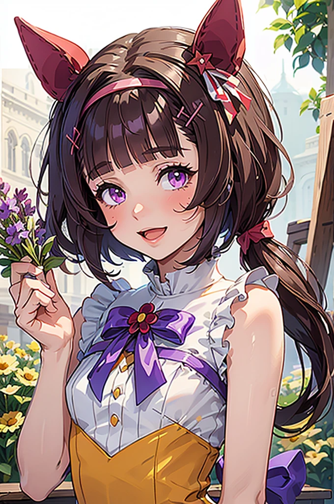 Browsing Caution, , Pull up the dress,Revealing clothing,Uma Musume,Nishino Flower,short hair,Red headband,beautiful Purple eyes,Purple and yellow dress,ribbon,,,Curvaceous,garden,smile with open mouth,blush,Embarrassed face,Best image quality,Tabletop,)),(masterpiece),shape,Brown Hair,Long Hair,Purple eyes,flowing bangs,Long Bangs,Long Hair,Small breasts,Hair covering the right eye, smile,Looking at the audience,((Highly detailed eyes)), masterpiece, Highest quality, 