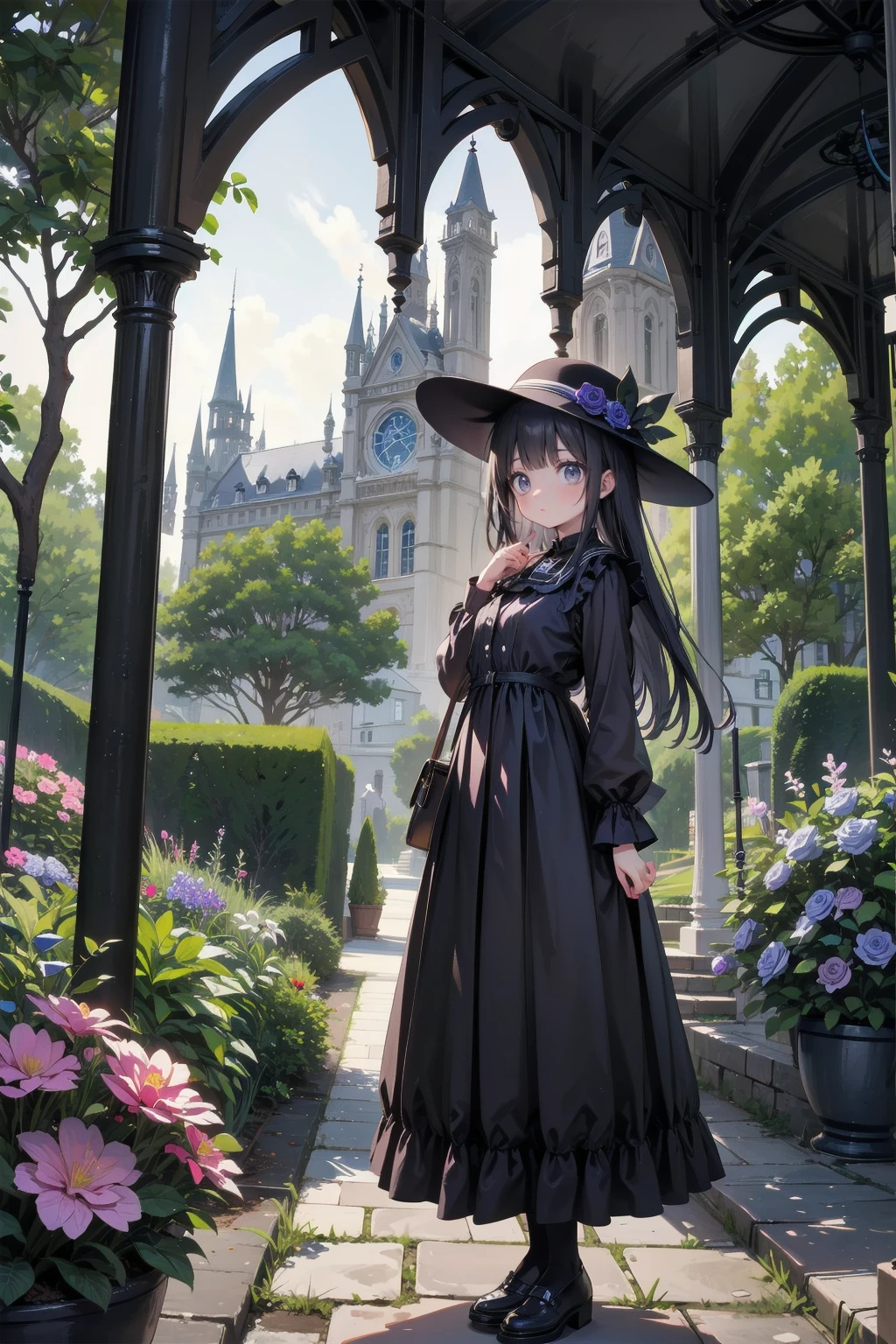 ネオゴススタイルのgirl, Wearing a black dress and a white collar, Wearing a black hat、wearing heavy makeup, Standing in a mystical garden surrounded by vines. The garden is full of deep purple flowers.、Gothic architecture in the background。. girl&#39;My hair is black、Her hair is in long braids.、A red rose is pinned to the side。. Her eyes are sharp、It&#39;Like being stabbed., Thick black eyeliner and long lashes. She has a pale complexion.、Her lips are bright red.. The atmosphere is gloomy and eerie, with dim lighting casting long shadows. This piece combines digital illustration and photography.., the result、The result is an incredibly high-resolution image. Most of the colors are dark、I&#39;Calm, Deep reds and purples create a dark beauty.. The overall style of the image is neo-Gothic., Horror, Portrait Photography, Create a unique and compelling visual experience.Dark Imagery