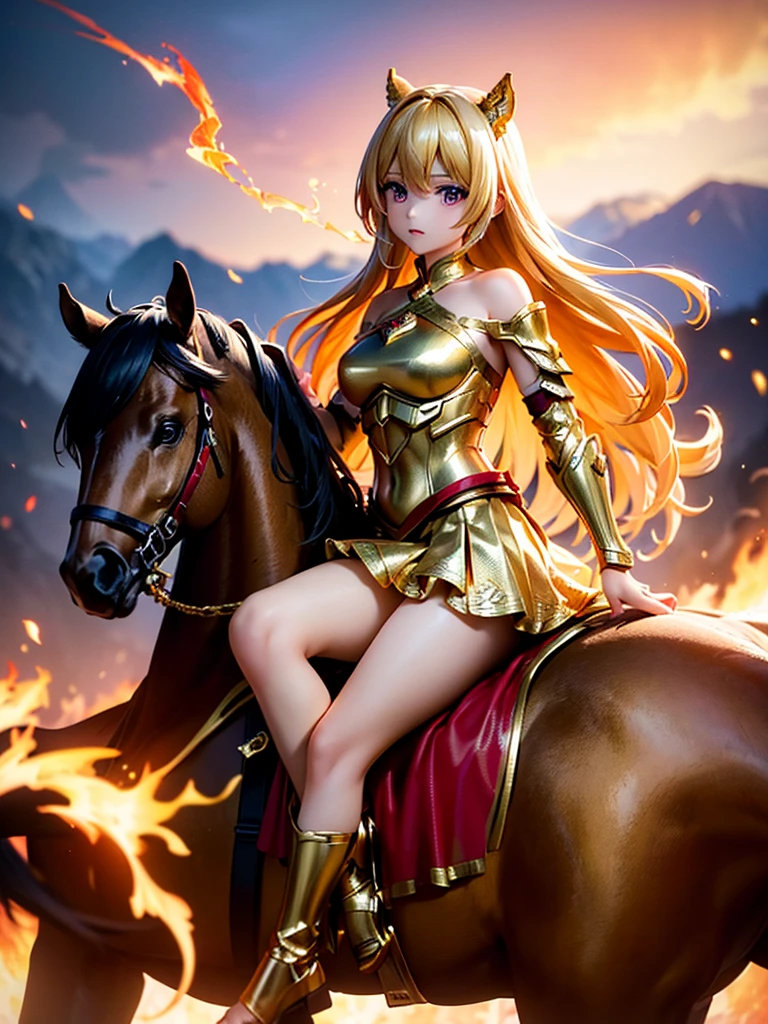 (super masterpiece), (best quality), (1 girl), golden armor，frilly skirt，gold skirt，red one shoulder cape，Showing thighs, Battlefield Background(burning flames), long hair(Blonde hair color)，flowing hair, Metallic texture，(1隻golden armor的戰馬)，riding，Girl riding on war horse, The horse&#39;s legs are raised，The girl holds the golden flag in her right hand，Holding a sword made of gold in the left hand，Wearing a golden feather-shaped headdress with visible face.，Aqua blue pupils(Bright colors、glowing eyes)，rosy skin，rosy skin，Delicate 8k skin texture，High detail vray rendering, light passing through hair(Colorful，Delicate light and shadow，Exquisite details)，Vibrant colors and light and shadow，Highly detailed backgrounds，Perfect lighting（masterpiece super best_quality）HDR exquisite，Ray tracing，HDR，8k，uhd，8k resolution，Ultimate texture，Ultimate picture quality，Ultimate light and shadow，reflection，luster，High contrast，stunning illustrations，perfect illustration，Light tracking，atmosphere，CG，Movie，Close-up(Young girl riding a horse)，barded_steed，