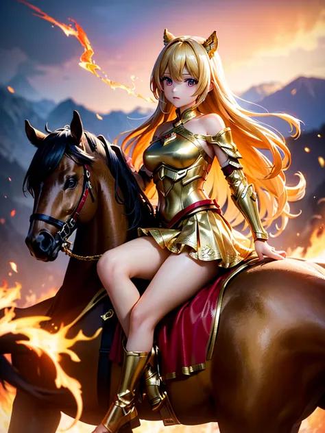 (super masterpiece), (best quality), (1 girl), golden armor，frilly skirt，gold skirt，red one shoulder cape，showing thighs, battle...