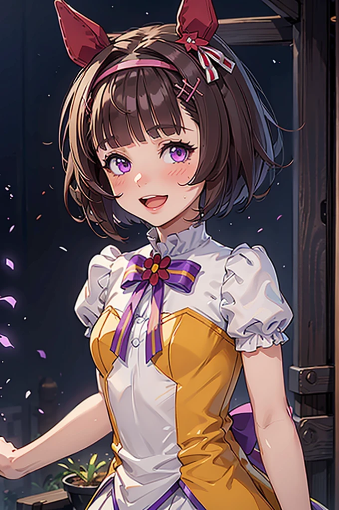 Browsing Caution, , Pull up the dress,Revealing clothing,Uma Musume,Nishino Flower,short hair,Red headband,Beautiful purple eyes,Purple and yellow dress,ribbon,,,Curvaceous,garden,smile with open mouth,blush,Embarrassed face,Best image quality,Tabletop,Small breasts,Hair covering the right eye, smile,Looking at the audience,((Highly detailed eyes)), masterpiece, Highest quality, 