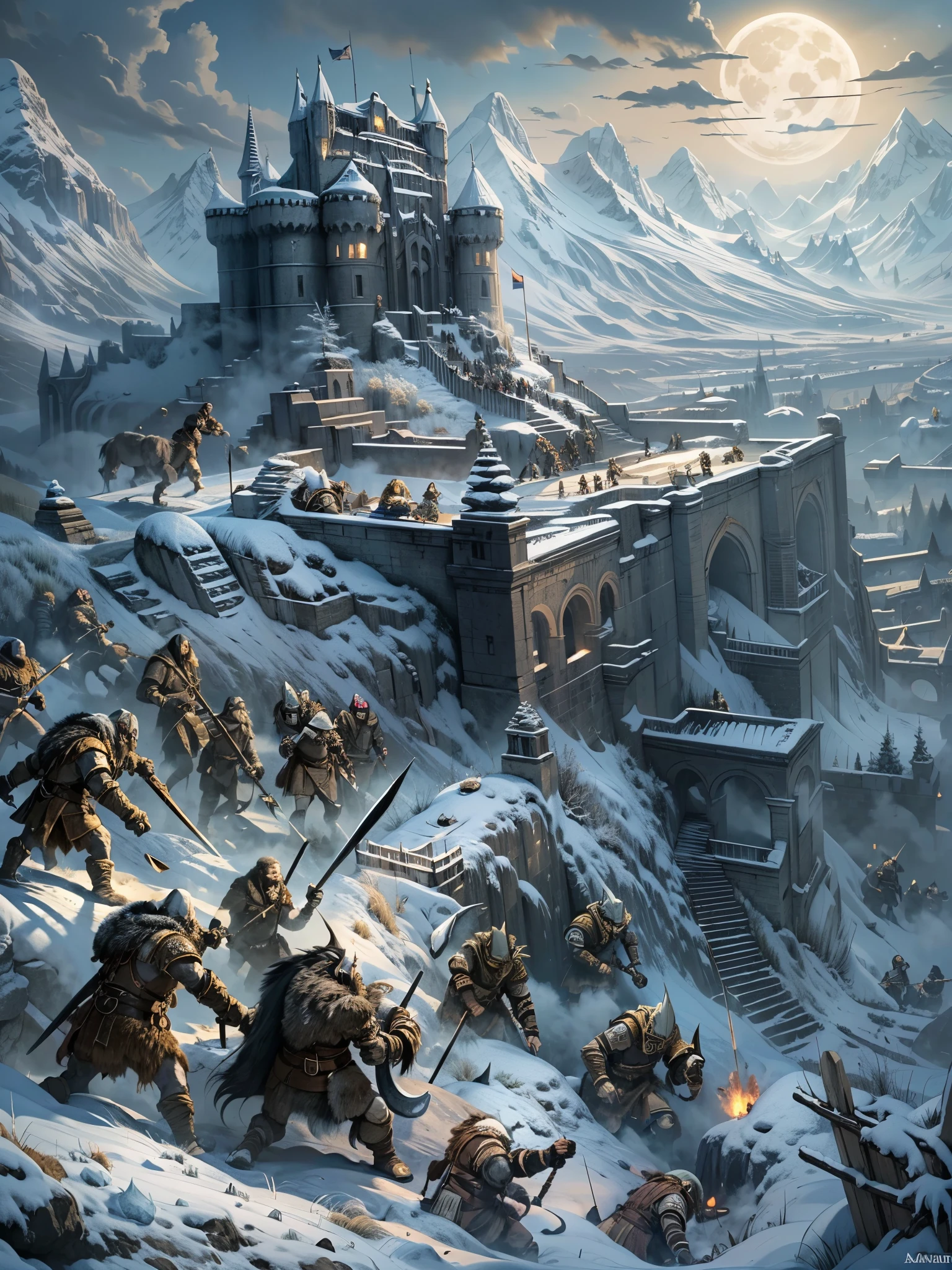 masterpiece, defense of a medieval citadel on top of a hill, the fortress is protected by a large wall, it is night in a cold winter, ((the wall is attacked by giants, ice giants and trolls)), the defenders of the wall are They defend themselves with bows and spears, there is a full moon and heavy snowfall 