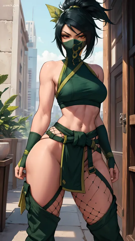 1 girl, Akali, solo, long spiky black hair, red eyes, muscled body, muscled legs, dark green top, green fingerless gloves, mouth...