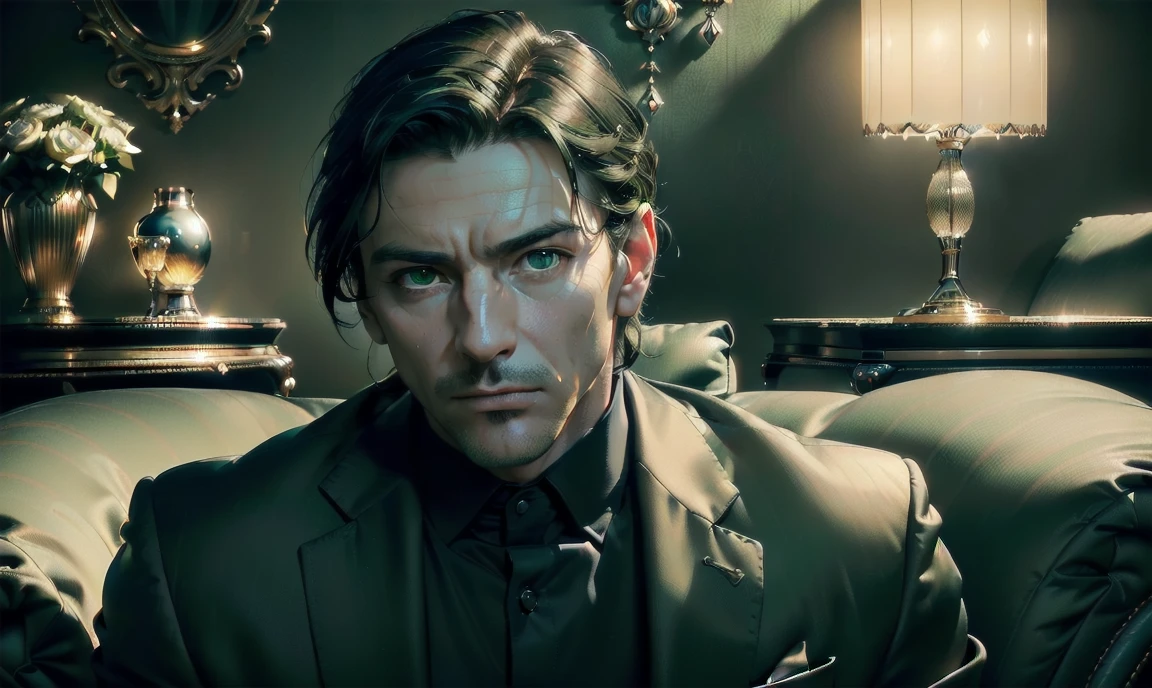 "((highly detailed, detailed eyes, detailed face, clear and realistic facial features, photorealistic, realistic light; cinematic)), (1 man), ((((classy living room background)))), (((sophisticated gorgeous refined middle-aged male artist))), ((((intense fascinated expression)))), ((mystical air)), (((green eyes))), (black hair), (((wearing a casual suit))."