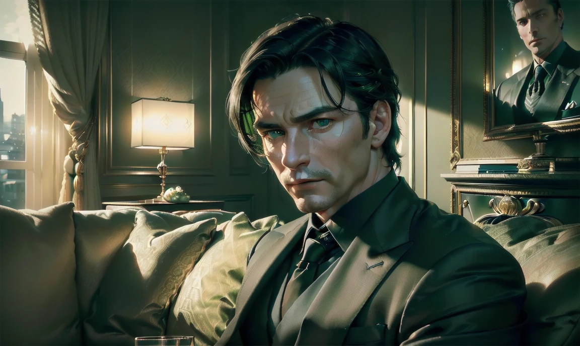 "((highly detailed, detailed eyes, detailed face, clear and realistic facial features, photorealistic, realistic light; cinematic)), (1 man), ((((classy living room background)))), (((sophisticated gorgeous refined middle-aged male artist))), ((((intense fascinated expression)))), ((mystical air)), (((green eyes))), (black hair), (((wearing a casual suit))."