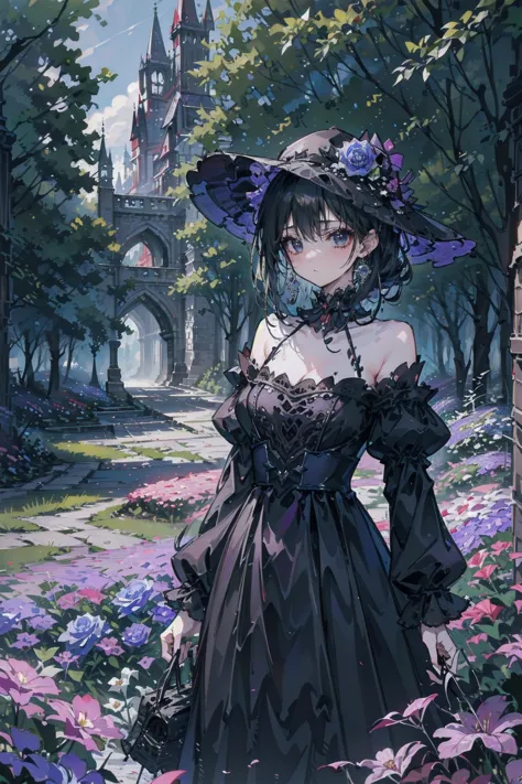 ネオゴススタイルのgirl, wearing a black dress and a white collar, wearing a black hat、wearing heavy makeup, standing in a mystical garden...