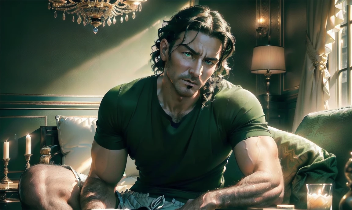 "((highly detailed, detailed eyes, detailed face, clear and realistic facial features, photorealistic, realistic light; cinematic)), (1 man), ((((classy living room background)))), (((sophisticated gorgeous refined middle-aged male artist))), ((((intense fascinated expression)))), ((mystical air)), (((green eyes))), (wavy black hair), (((dressed in a shirt and shorts)))."