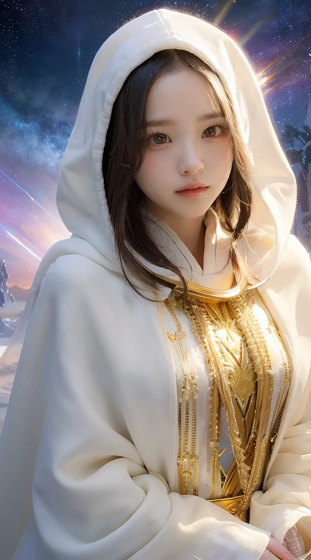 (masterpiece, highest quality, highest quality, official art, beautiful and aesthetic:1.2), (1 girl), very detailed, (fractal art:1.3), colorful, most detailed, perfect face, Upper body, HDR, (pray:1.3), (Golden lines in a white cloak:1.2), Milky Way, (stripes of light), impressive visuals, (dynamic streak, path of light:1.2), Bright colors,