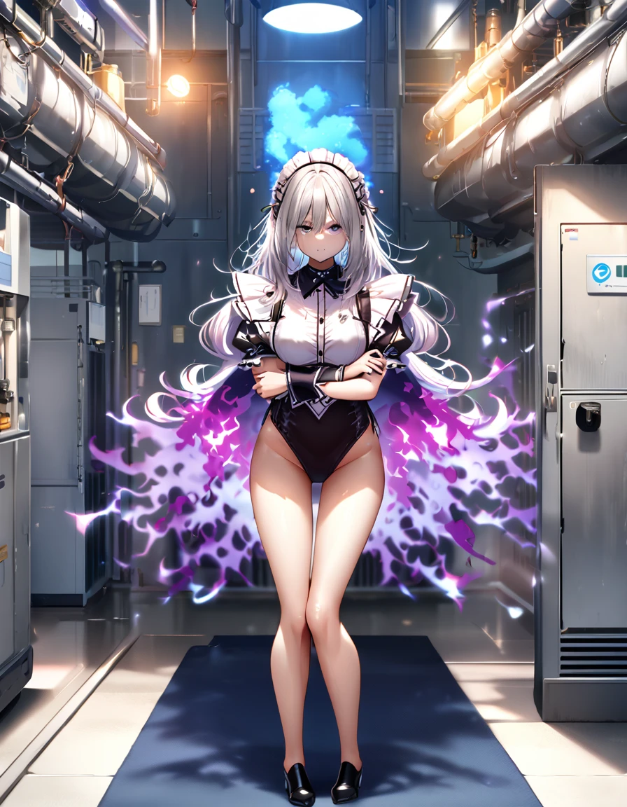 12k, masterpiece, best quality, very aesthetic, absurdres, anime artwork, anime style, key visual, vibrant, Studio Anime, highly detailed highly detailed, volumetric, dramatic lighting,(Maid leotard details:2.0),(1 girl:1.2),,Long Hair:1.5, (Short sleeve, Thighs,Maid Cufflinks),,(High heel lace-up boots:1.4), (Without skirt:3.0),dark aura,leotrad,,Audience Recruitment,(at a research facility:1.2),(full body:1.4),looking at viewer, standing,Emotionless