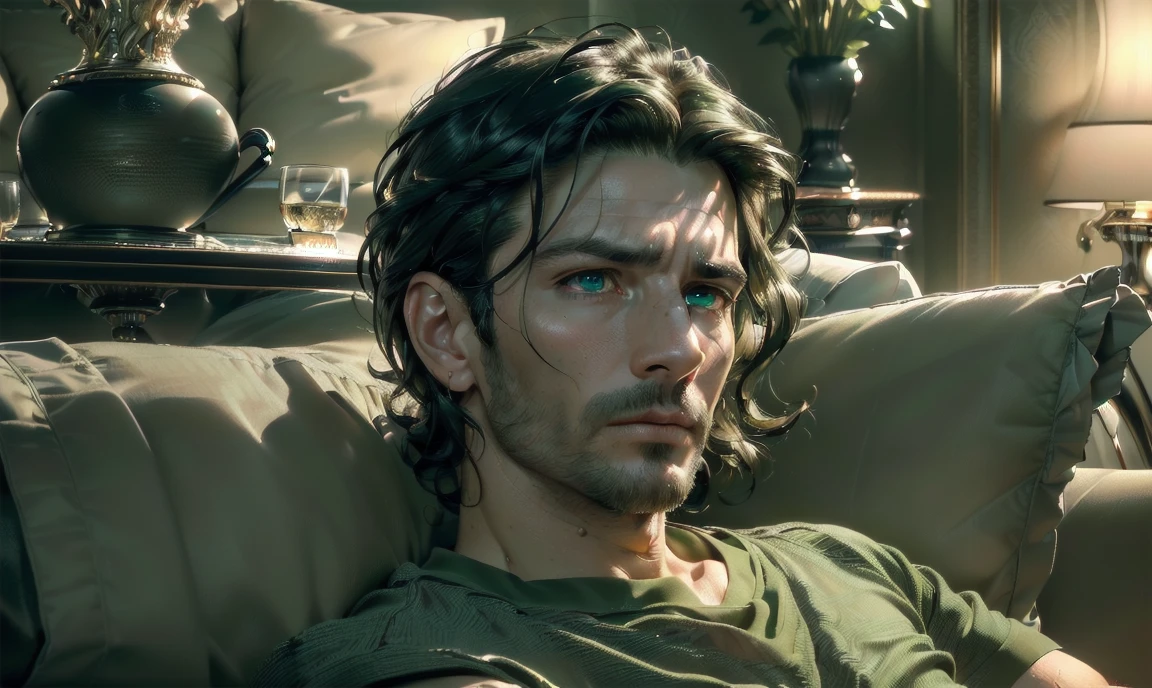 "((highly detailed, detailed eyes, detailed face, clear and realistic facial features, photorealistic, realistic light; cinematic)), (1 man), ((((classy living room background)))), (((sophisticated gorgeous refined middle-aged male artist))), ((((intense fascinated expression)))), ((mystical air)), (((green eyes))), (wavy black hair), (((dressed in a shirt and shorts)))."