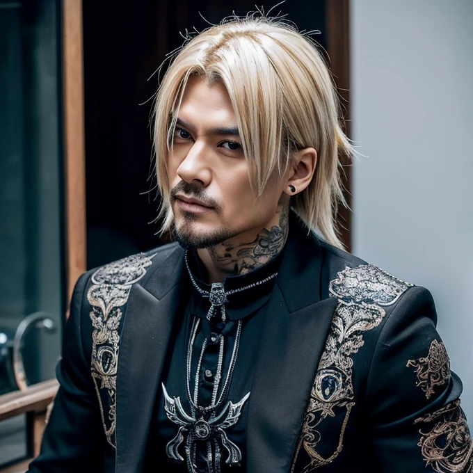 1 homem, macho, Homem japonês, Penteado Visual Kai, rosto e corpo ultra detalhados, hiperrealista, representação realista, muscular, Ombros largos, tatuagens estilo gótico, Estilo Visual Kei, penteado Visual Kei, preto e loiro, cabelo longo, 40 anos, 40 anos, roupa gótica , camisa masculina e calça preta, Asian olhos, olhos, Penteado Visual Kei 