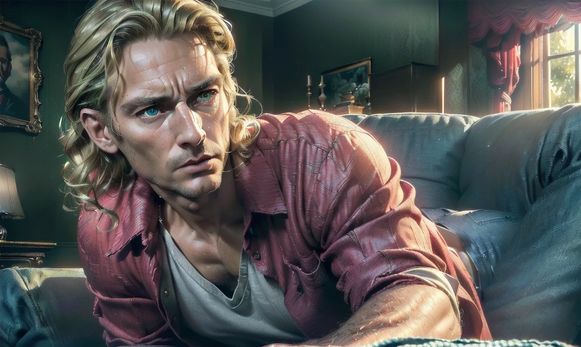 "((highly detailed, detailed eyes, detailed face, clear and realistic facial features, photorealistic, realistic light; cinematic)), (1 man), ((((classy living room background)))), (((sophisticated gorgeous refined middle-aged male artist))), ((((intense fascinated expression)))), ((mystical air)), (((green eyes))), (wavy blond hair), (((dressed in a red shirt and denim shorts)))."