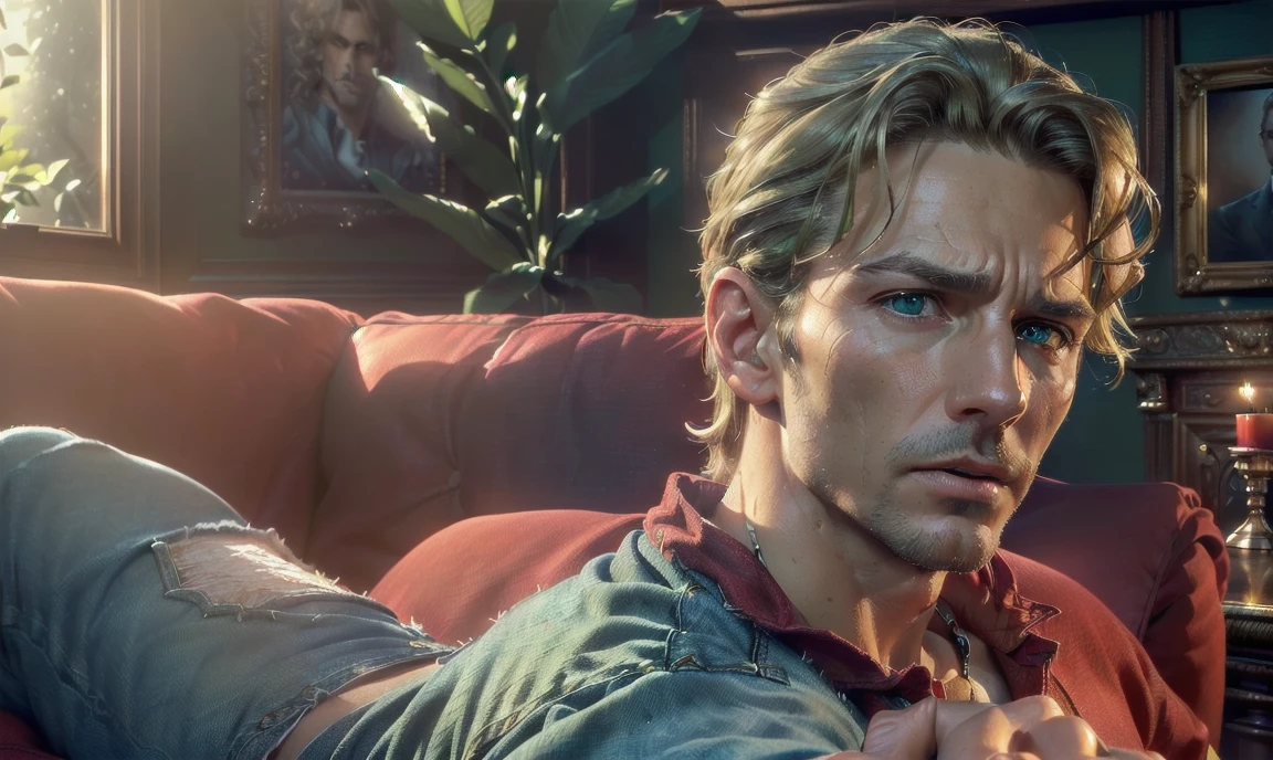 "((highly detailed, detailed eyes, detailed face, clear and realistic facial features, photorealistic, realistic light; cinematic)), (1 man), ((((classy living room background)))), (((sophisticated gorgeous refined middle-aged male artist))), ((((intense fascinated expression)))), ((mystical air)), (((green eyes))), (wavy blond hair), (((dressed in a red shirt and denim shorts)))."