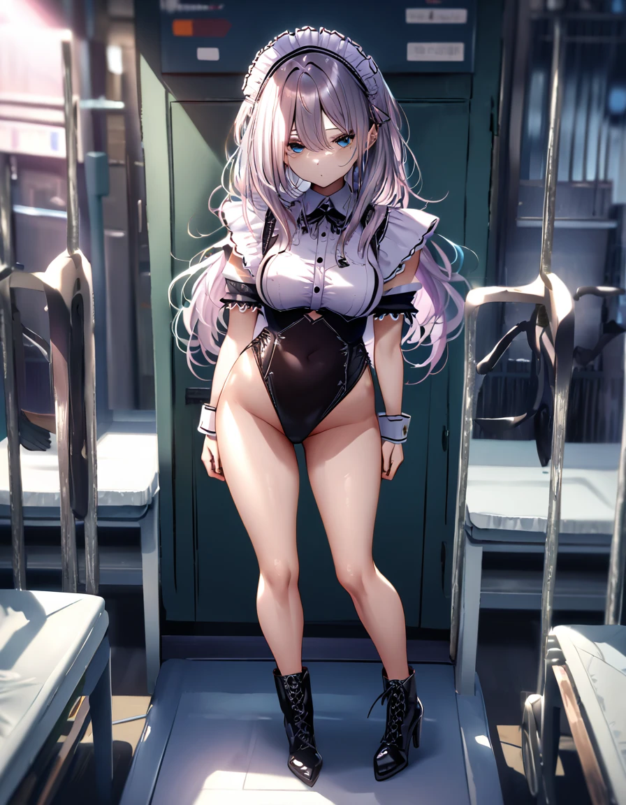 12k, masterpiece, best quality, very aesthetic, absurdres, anime artwork, anime style, key visual, vibrant, Studio Anime, highly detailed highly detailed, volumetric, dramatic lighting,(Maid leotard details:2.0),(1 girl:1.2),,Long Hair:1.5, (Short sleeve, Thighs,Maid Cufflinks),,(High heel lace-up boots:1.4), (Without skirt:3.0),dark aura,leotrad,,Audience Recruitment,(at a research facility:1.2),(full body:1.4),looking at viewer, standing,(Emotionless)