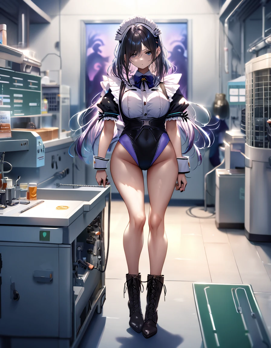 12k, masterpiece, best quality, very aesthetic, absurdres, anime artwork, anime style, key visual, vibrant, Studio Anime, highly detailed highly detailed, volumetric, dramatic lighting,(Maid leotard details:2.0),(1 girl:1.2),,Long Hair:1.5, (Short sleeve, Thighs,Maid Cufflinks),,(High heel lace-up boots:1.4), (Without skirt:3.0),dark aura,leotrad,,Audience Recruitment,(at a research facility:1.2),(full body:1.4),looking at viewer, standing,(Emotionless)