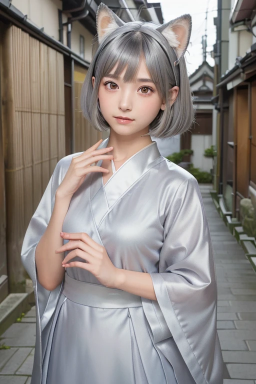 ((Silver Hair))、((Short Hair))、Small fox ears、one girl, (a beauty girl, delicate girl:1.3), (12 years old, change:1.3), break,((Shrine maiden costume)),(Brown fox ears) break, Definition of Very Fine Particles, (Symmetrical eyes:1.3), break, (alley, Kyoto:1.3), perfectly trimmed fingers, break, ((Beautiful medium milk)), Brown eyes, Parted bangs, Brown Hair, girl, break, (Eye and facial details:1.0), break, (masterpiece, Highest quality, Very detailed, Detailed face, 8k)