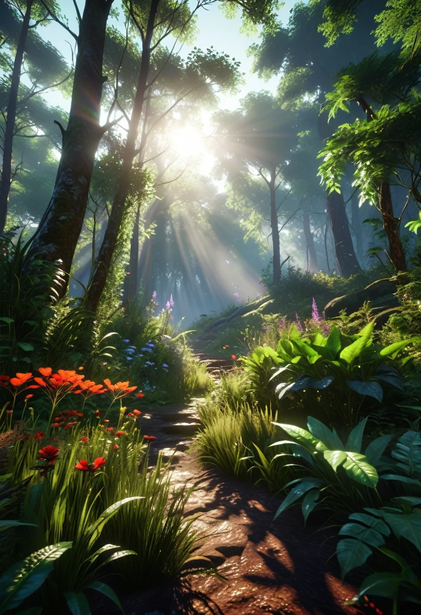 (Fondo de pantalla CG 8k Unity extremadamente detallado, obra de arte, mejor calidad, Súper detallado), (mejor iluminación, Mejores sombras, muy gentil y hermosa), Vegetación exhuberante, Niebla mágica, caliente sol, Plantas silvestres, Bosque oscuro misterioso y encantador
