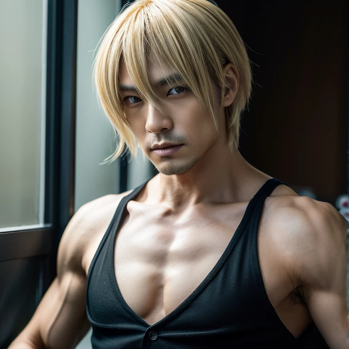 1 man, male, Japanese man, Visual Kai hairstyle, ultra detailed face and body, hyperrealistic, realistic representation, muscular, broad shoulders, Visual Kei style, hairstyle Visual Kei, black and blond, long hair, 40 years old, age 40, outfit gothic , men's shirt and black pants, Asian eyes, eyes, Visual Kei hairstyle 