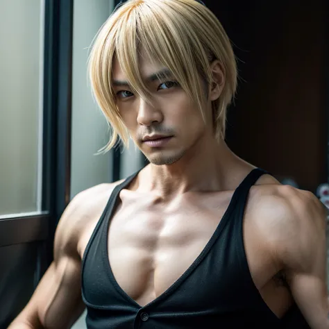 1 man, male, Japanese man, Visual Kai hairstyle, ultra detailed face and body, hyperrealistic, realistic representation, muscula...