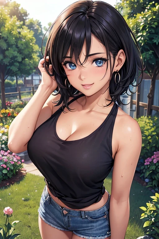 #Basics A girl is posing for a photo, animeのかわいい女の子,  ((One Girl)), (((Baby Face:1.2)) + ((cute:1.3))), 
break 

#Clothing Accessories 
((mini denim shorts)) + ((A black T-shirt tied under the chest)) + belly button + Black sneakers, 
(Gold hoop earrings), (Fancy Necklace), (Black nail polish), (Cleavage), 
break 

#Features 
(((Matte blue hair)), (mid twin tail : Short Hair + Fuller Hair + Voluminous Hair + Hair curled outside + Tied up with a red string ribbon)), 
((Droopy eyes:1.4, Big eyes:1.2), blue eyes), (Small breasts),  
break 

#background environment 
((noon + garden + grass, Promenade)), 
#Facial Expression Pose  
((smile:1.5)), ((hand in own hair, Dynamic Pose)), (Sweat), 
#composition 
((Face the camera, (Focus from the front), Cowboy Shot)), 
break 

#Body parts elements 
(Slim figure), 
(Detailed Hair, Beautiful Hair, Shiny Hair), 
(double eyelid, Long eyelashes), 
(Expression of fine eyes, Beautiful and delicate eyes, Sparkling eyes, Eye Reflexes, Glitter Eyeliner), 
(Human Ear), 
(Beautiful Nose, Thin Nose), 
(Glossy Lips, Beautiful Lips, Thick lips), (Symmetrical facial features), 
(Detailed skin, Textured skin, Beautiful Skin, Oily skin), 
break 

#Quality Image Quality Common 
(((Highest quality)), ((masterpiece)), ((Very detailed))), ((Ultra-high resolution)), ((16K, 1080P)), ((FHD)), 
(Anatomically correct), (Realistic), (3DCG), (oil), 
#Quality image illustration 
((comics, anime)), CG illustration,
