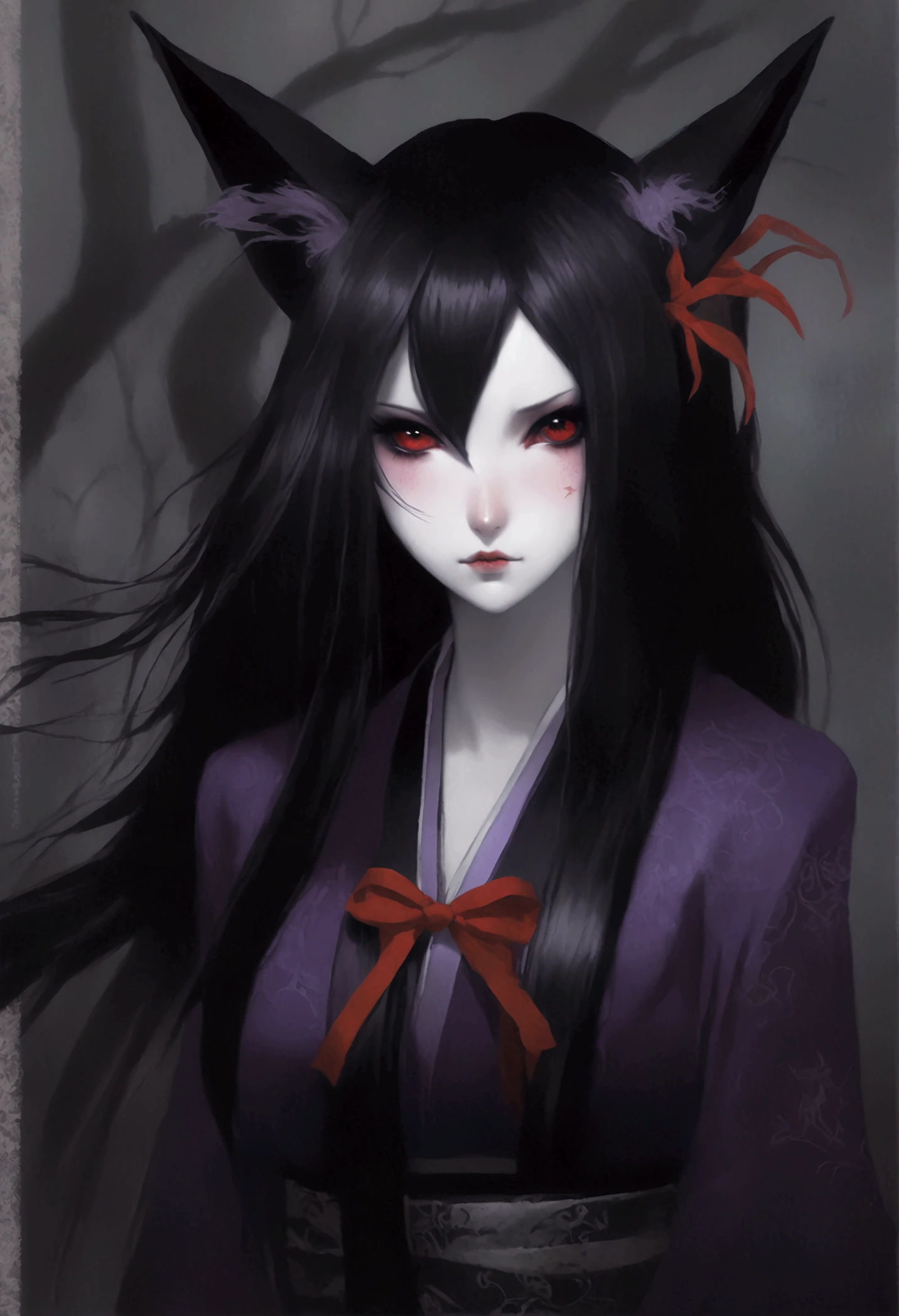 Mädchen, kalter, gleichgültiger Blick, Rote Schleife im Haar, langes schwarzes Haar, violette, teuflische Augen, japanisches Gothic-Outfit, kitsune, Fuchsohren und Schwanz, Spinnenlilie, Düstere Atmosphäre