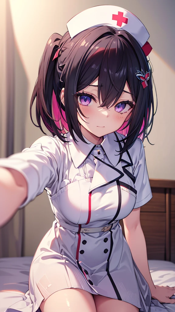 (best quality:1.2), (ultra detailed:1.2),(masterpiece:1.2),(8k:1.2),(Blessed,Captivating body、Ultra detailed hands、Ultra-detailed eyes、Ultra-detailed skin、ultra-detailed face,Detailed Background),One Girl、(bedroom,nurse, nurse cap, breast pocket, collared dress, short dress, short sleeves, thighs, white dress, white headwear), azki_(hololive), 1girl, 独奏, multicolored hair, pink hair, purple eyes, black hair, dress, hair between eyes,(ecstasy, aroused:1.5)